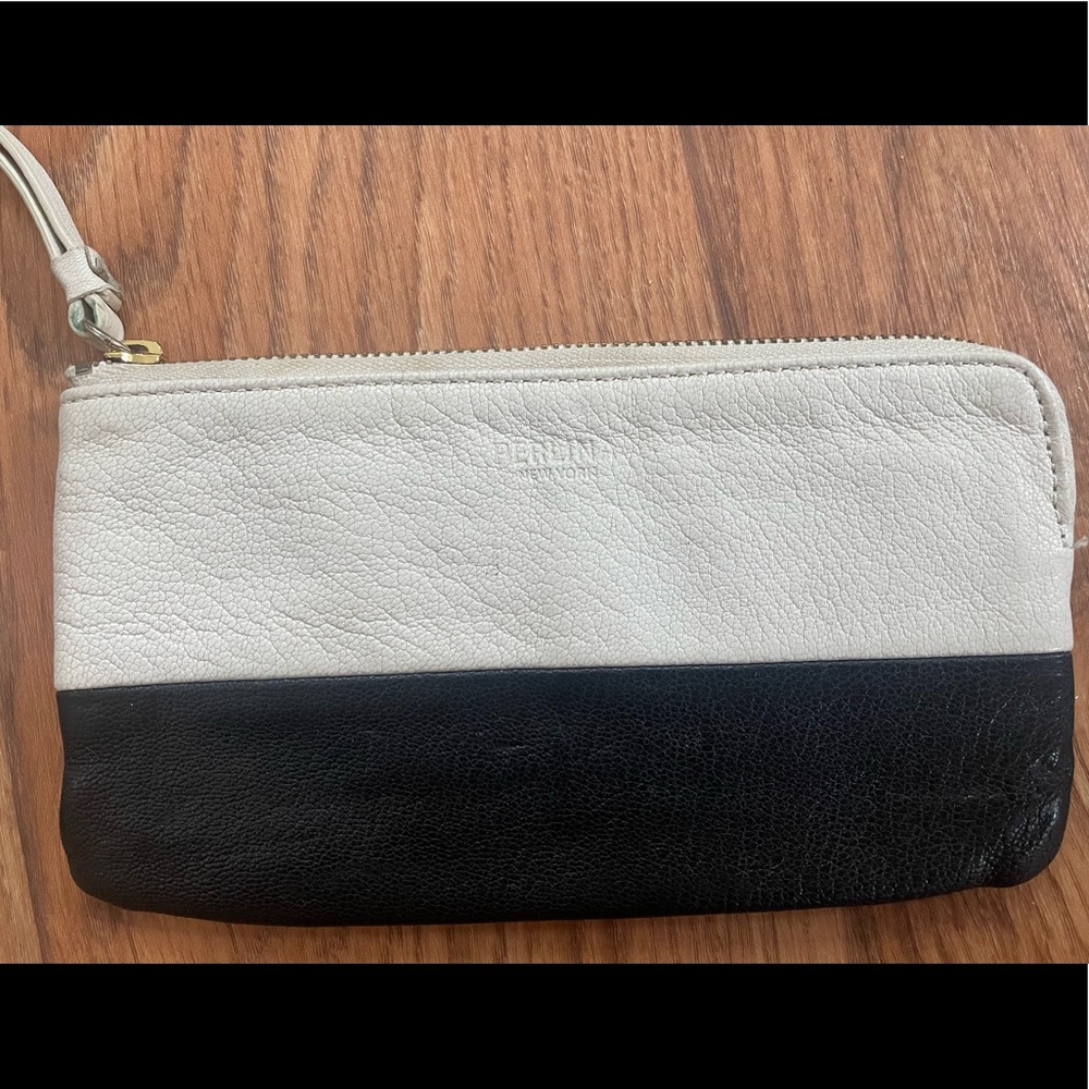 perlina black and white leather clutch wristlet